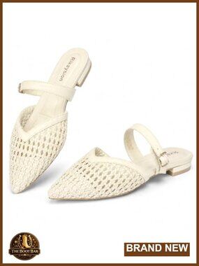Woven Pointed Toe Mule Flats Adjustable Buckle Strap Slip-On Shoes